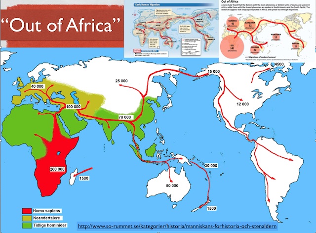 Routes (red) of Homo Sapiens out of Africa to populate the World